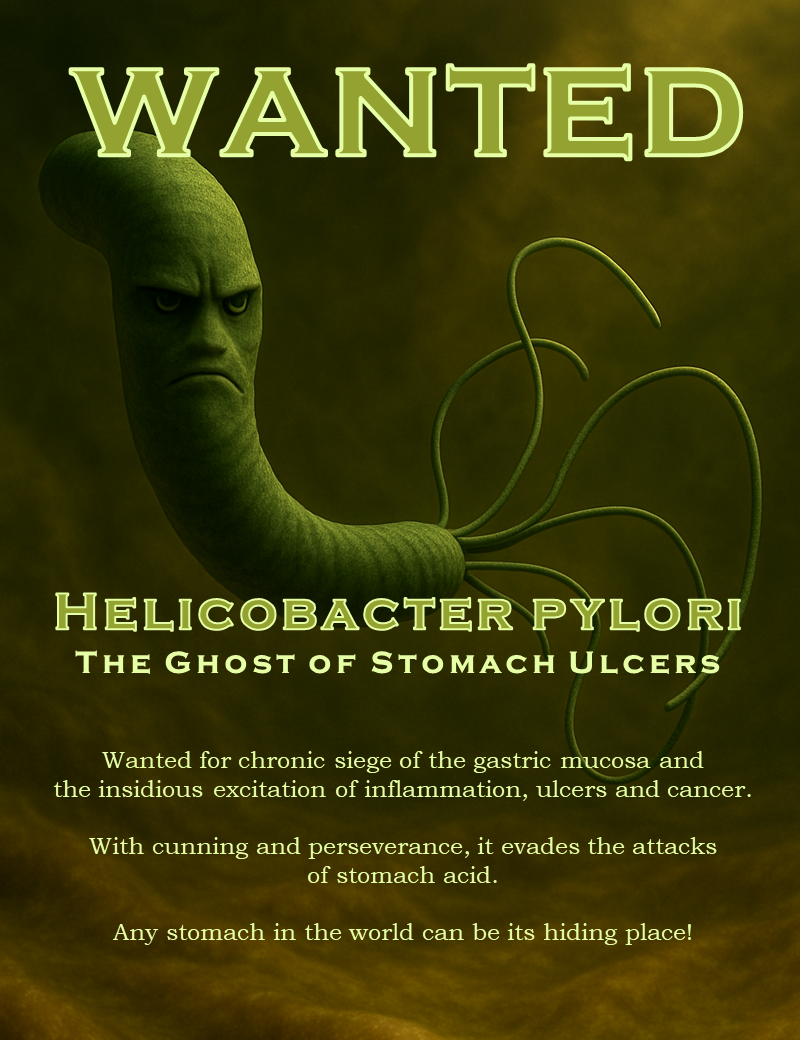 Wanted: Helicobacter pylori, Das Geschwür-Gespenst des Magens. Gesucht wegen chronischer Belagerung der Magenschleimhaut und der heimtückischen Erregung von Entzündungen,Geschwüren und Krebs.Mit List und Ausdauer entzieht es sich den Angriffen der Magensäure.Jeder Magen weltweit kann sein Versteck sein!